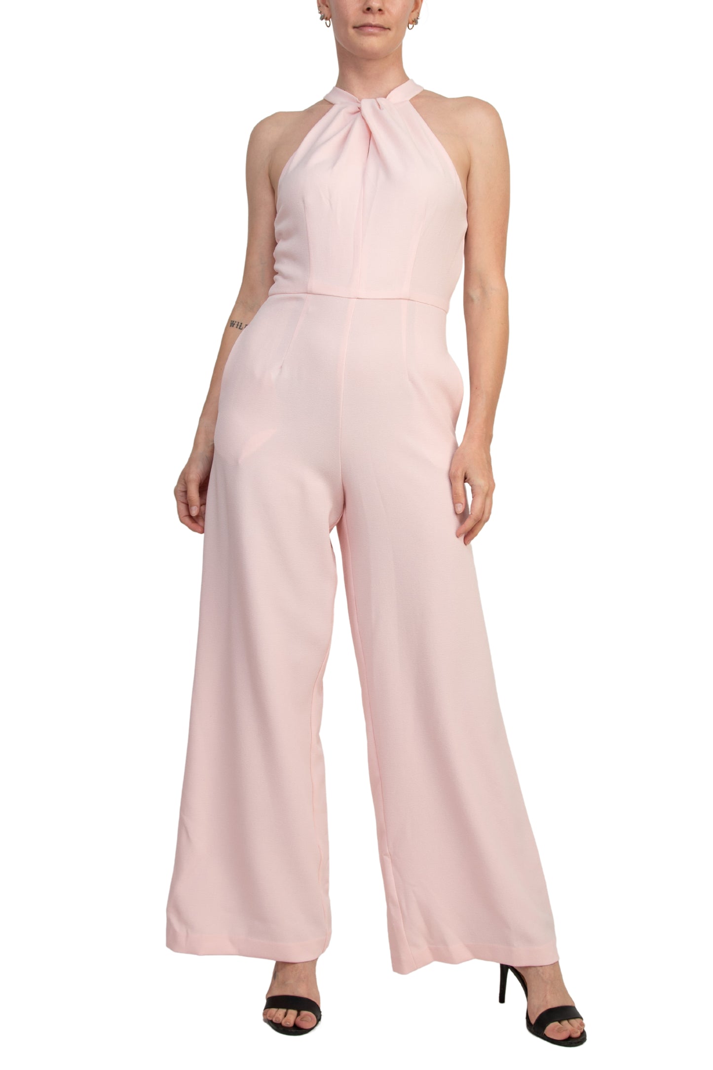 Julia Jordan Twist Halter Neck Cutaway Shoulders Pocketed Wide Leg Jumpsuit - BLOSSOM - FRONT FULL VIEW