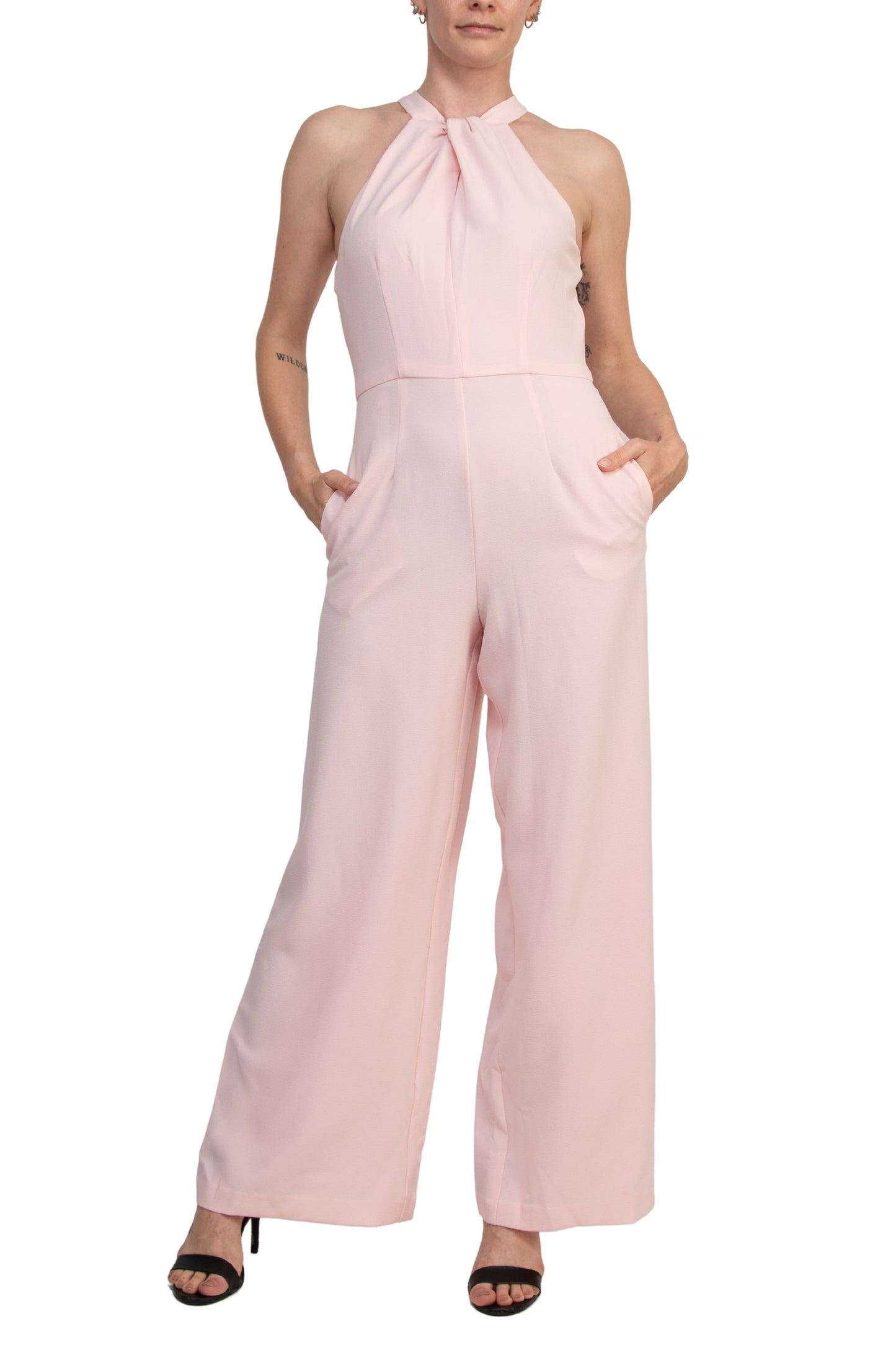 Julia Jordan Twist Halter Neck Cutaway Shoulders Pocketed Wide Leg Jumpsuit - BLOSSOM -  FROTNT VIEW