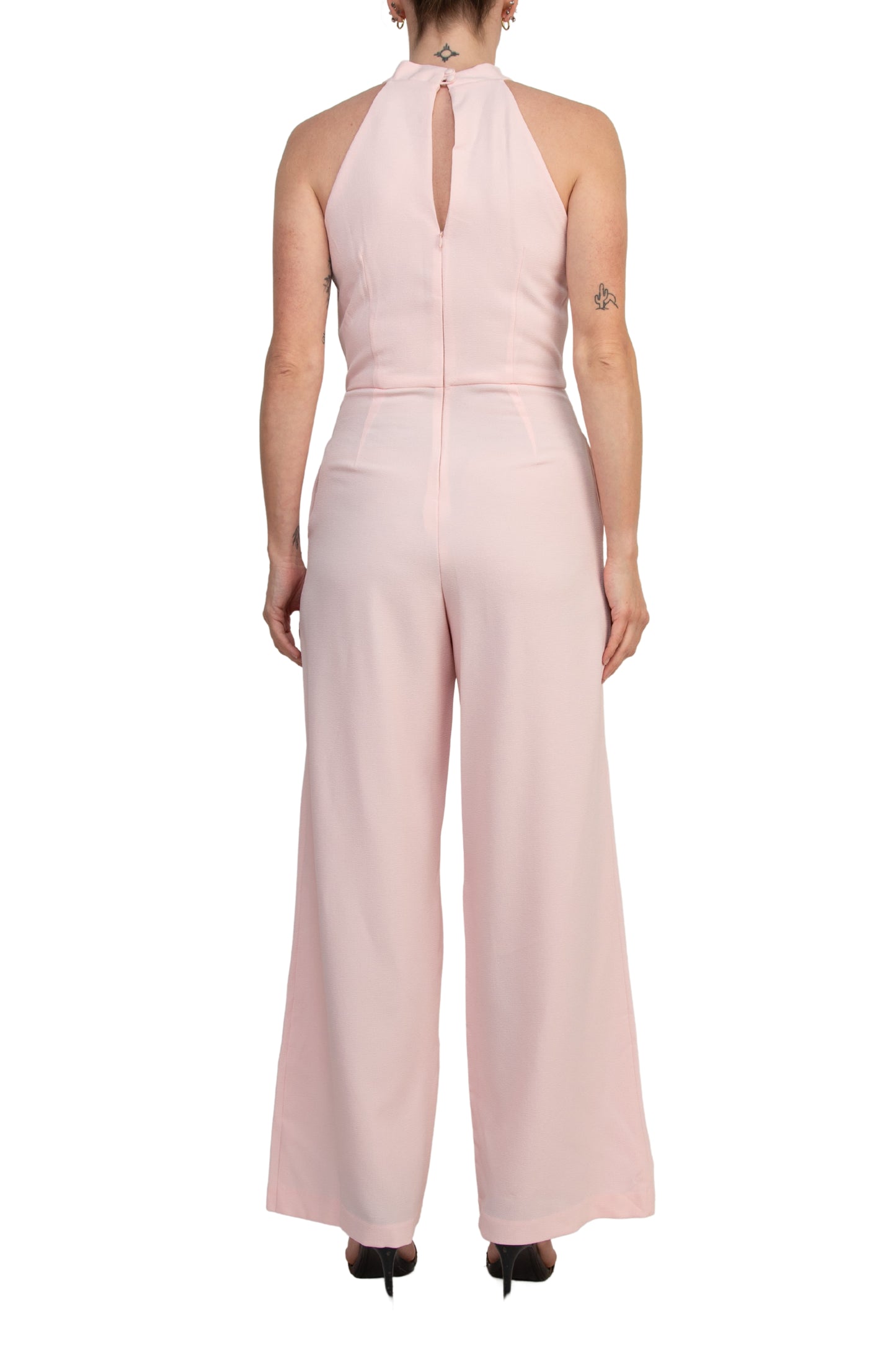 Julia Jordan Twist Halter Neck Cutaway Shoulders Pocketed Wide Leg Jumpsuit - BLOSSOM - back view
