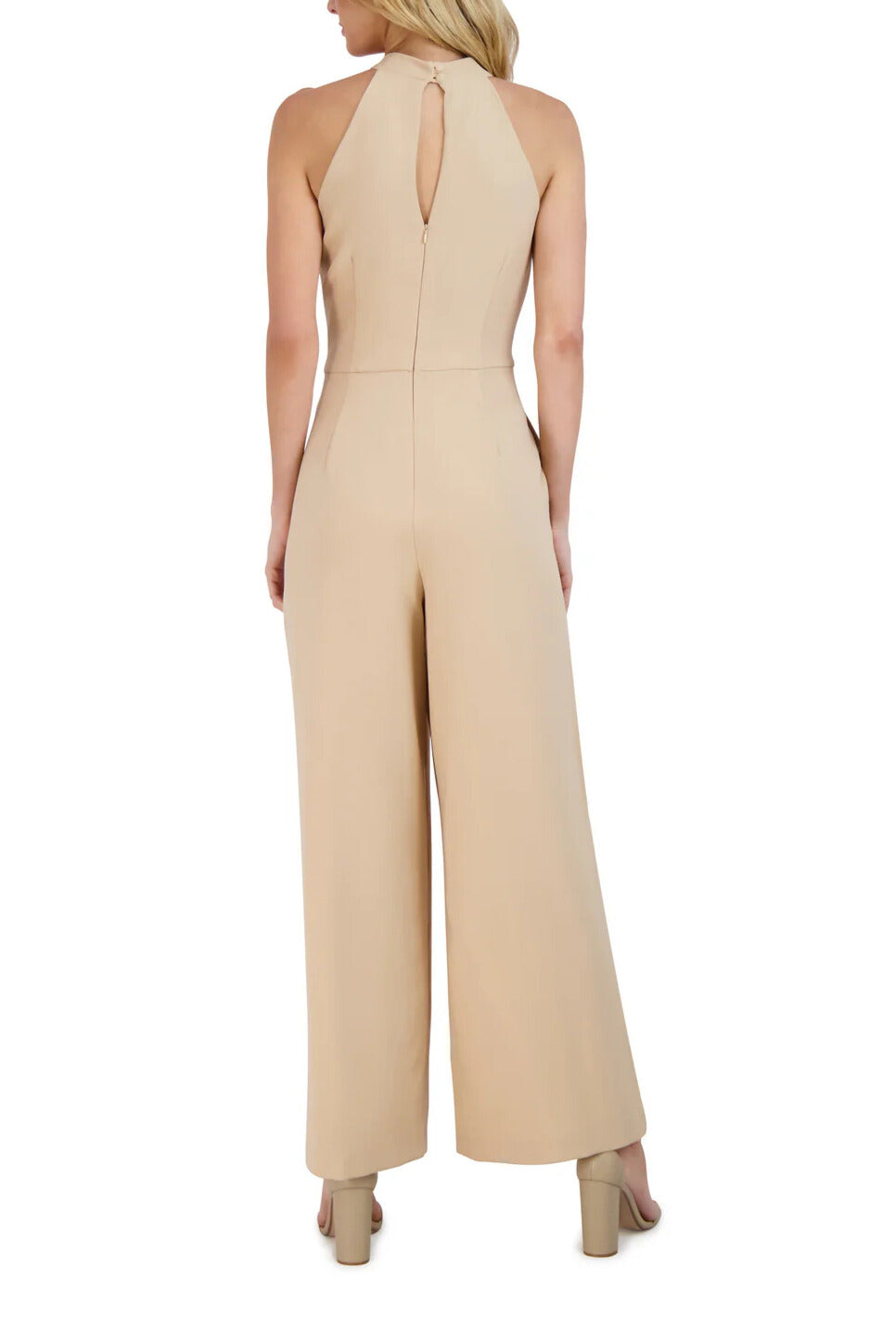 Julia Jordan Crossed Neck Keyhole Racerback Solid Crepe Jumpsuit - LATTE - Back