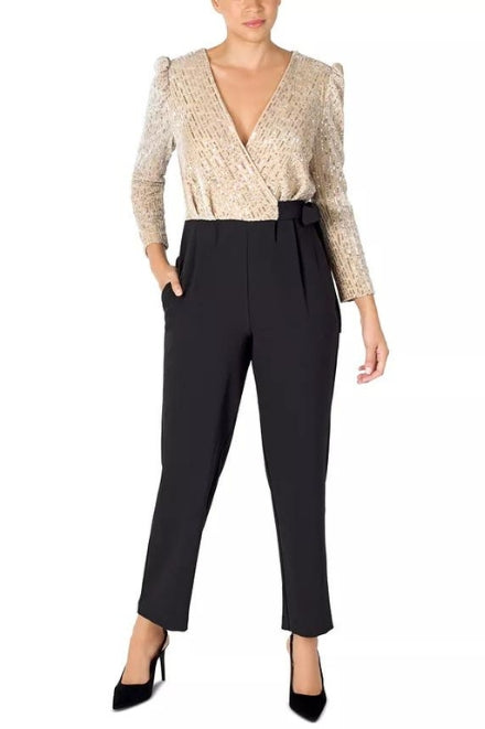 Julia Jordan Sequined-Bodice Tie-Waist Jumpsuit - IVORY BLACK - Front