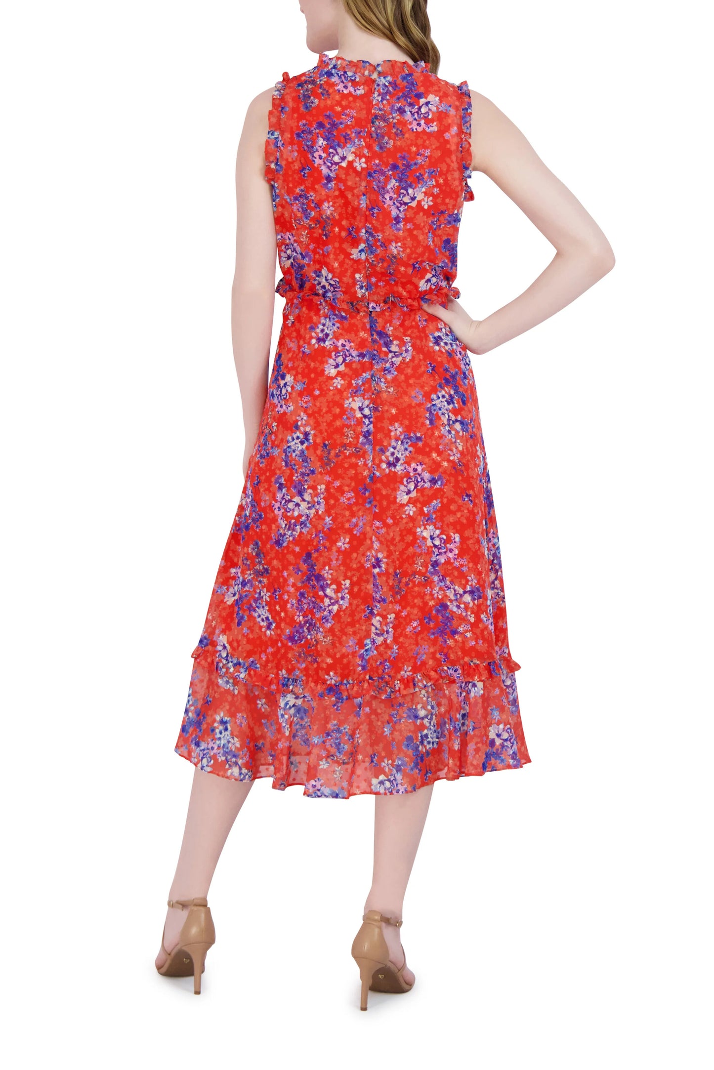 Julia Jordan Ruffle Neck Sleeveless Hem Midi Fit & Flare Back Zipper Dress - ORANGE MULTI - Back