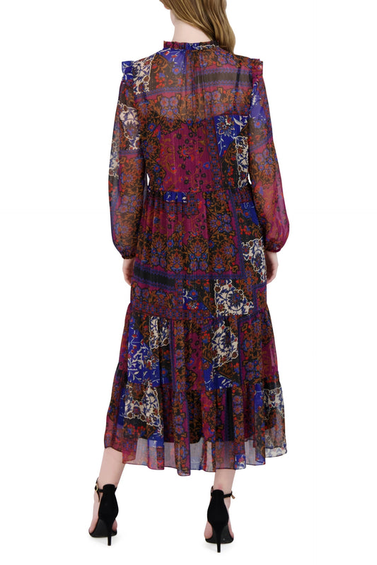 Black High Neck Midi-Length Chiffon Floral Tiered Dress Long Sleeves Julia Jordan JJ39154