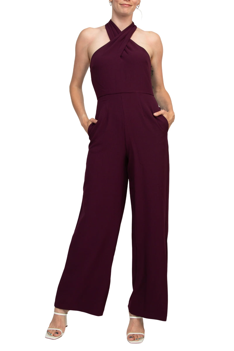 Julia Jordan Stretch Criss Cross Halter Neckline Sleeveless Crepe Jumpsuit With Pockets - Wholesale  - CABERNET - Front