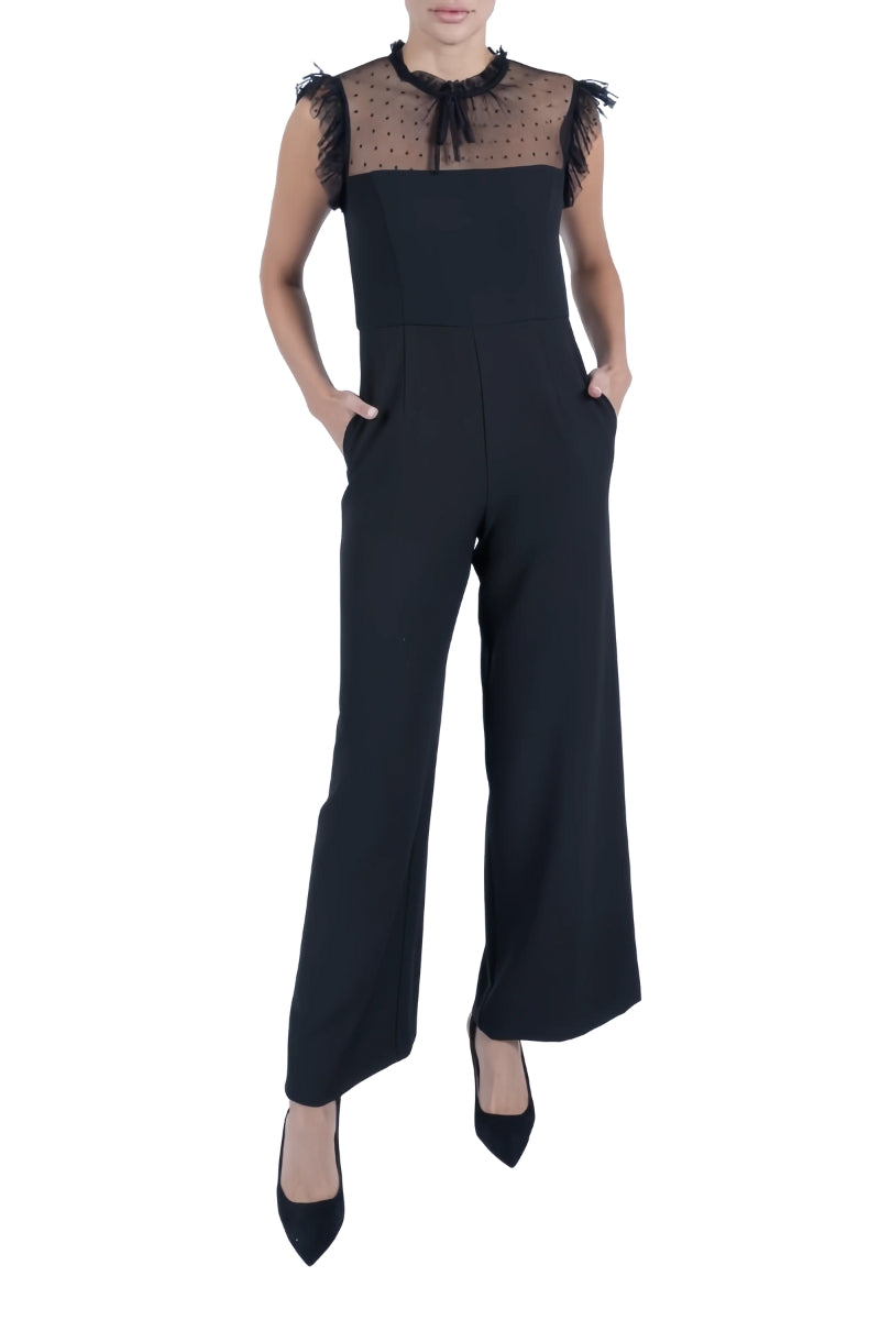 Julia Jordan Ruffled Drawstring Crepe Jumpsuit - BLACK - Front