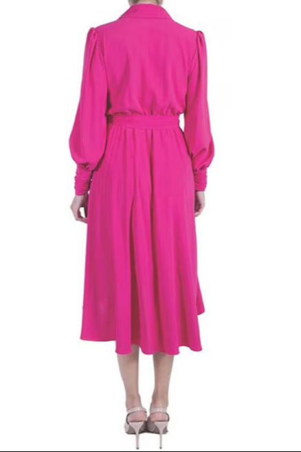 Julia Jordan Surplice Lapel V-Neckline Cuffed Long Sleeve Side Tie Closure Wrap Hem Crepe Dress - RASPBERRY - Back