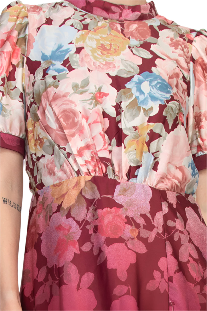 Julia Jordan Mock Neckline Short Puff Sleeves Floral Satin Midi Dress