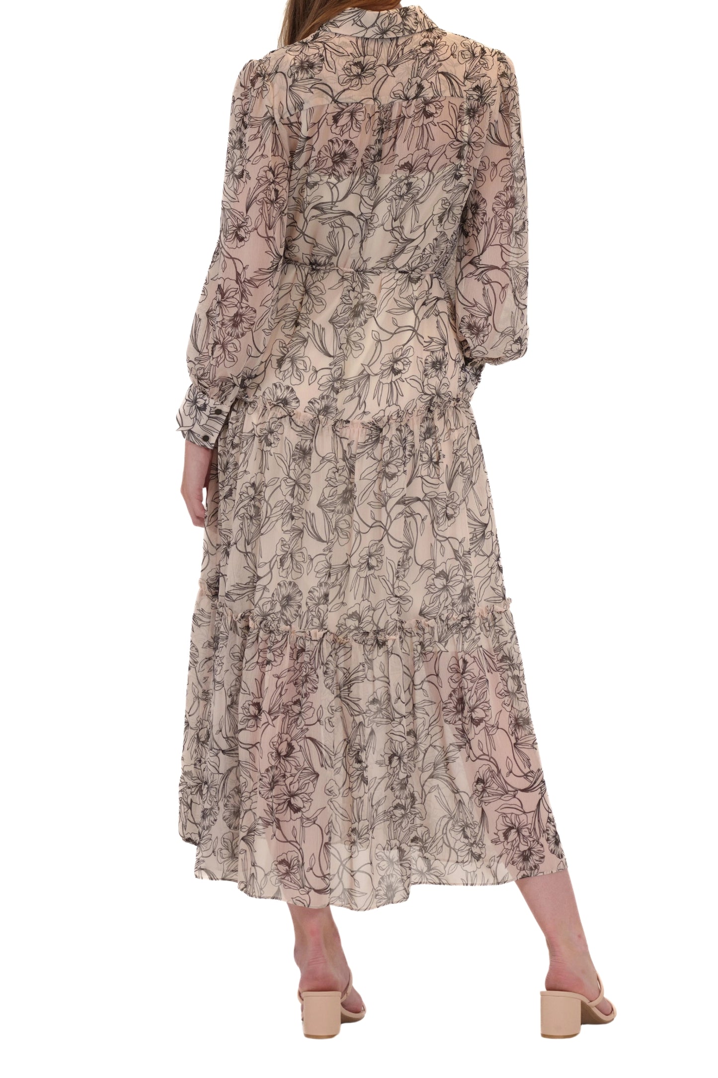 Julia Jordan Collared Tiered Chiffon Button Front Tie Belt Midi Shirt Dress - IVORY MULT - Back