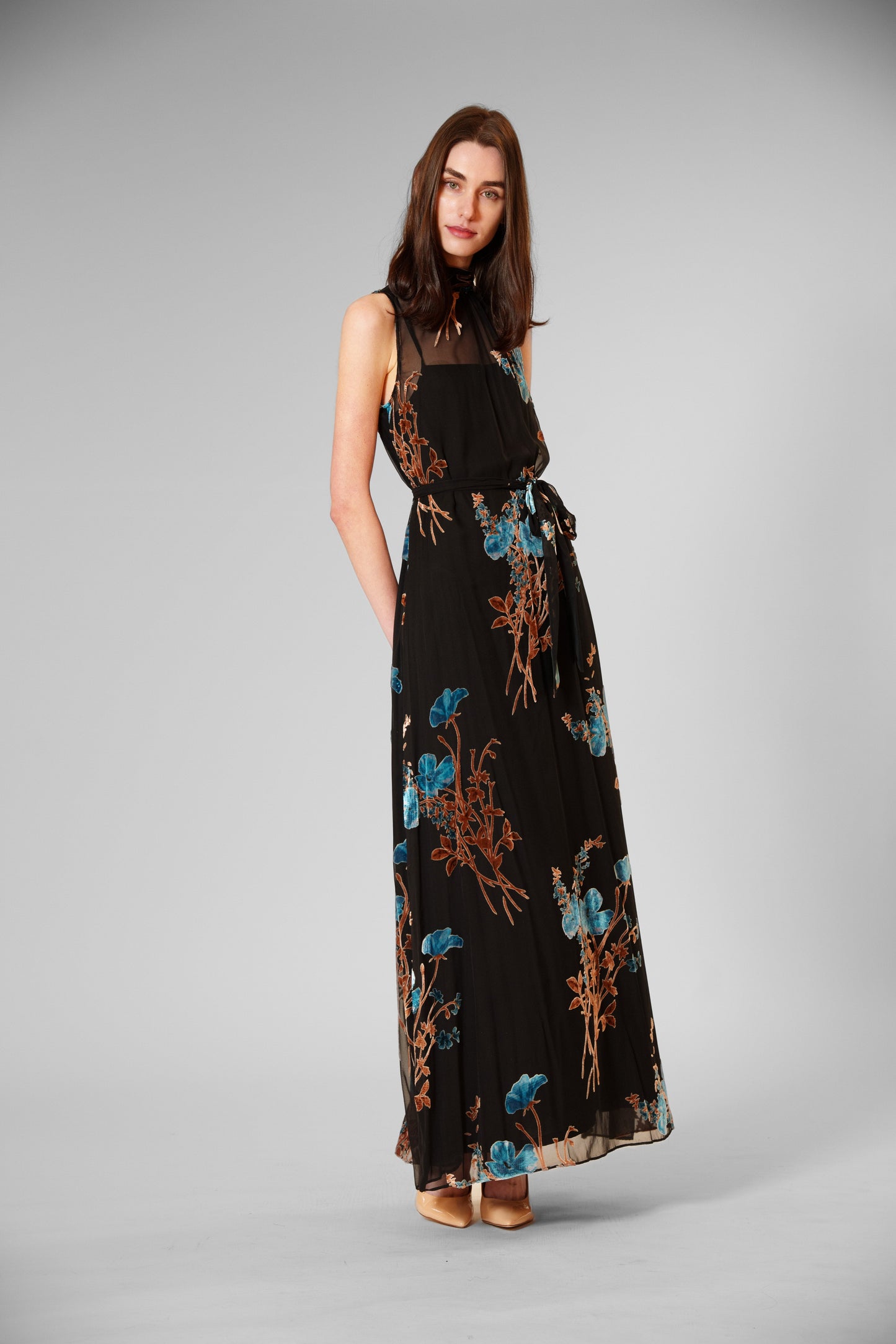 Velvet Print Overlay Gown with Tie Neck Julia Jordan JJ41454