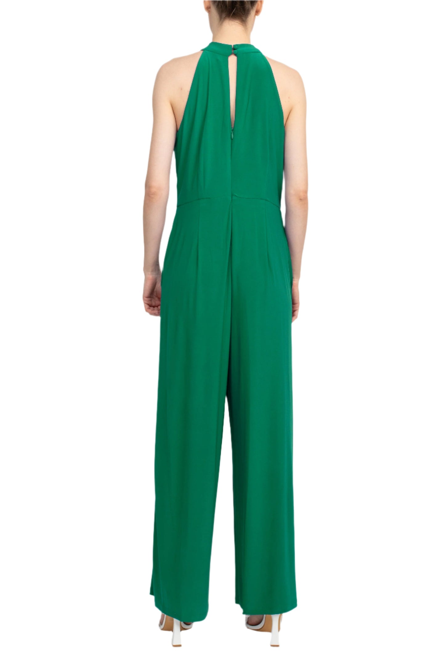 Nina Leonard Crossed Neck Sleeveless Keyhole Back Solid Jersey Jumpsuit - EMERALD - Back