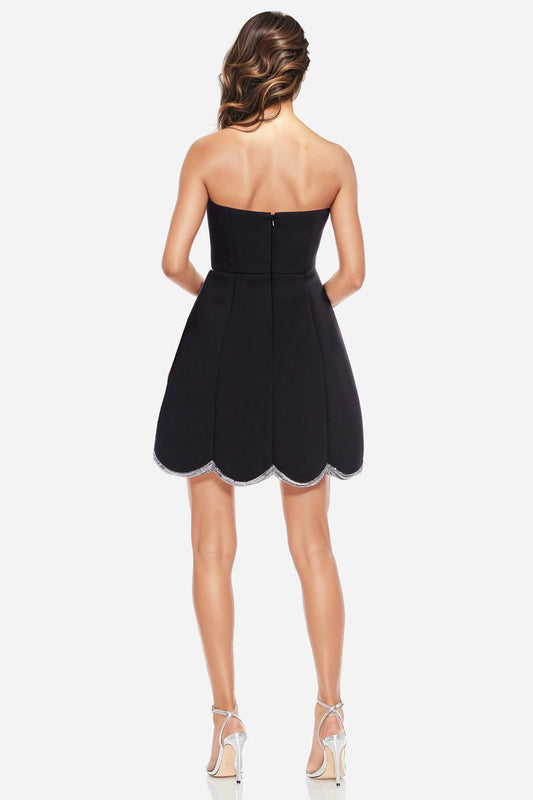 Black/Silver Strapless Mini Satin Cocktail Dress Scalloped Hem Detail One 33 Social MC0123