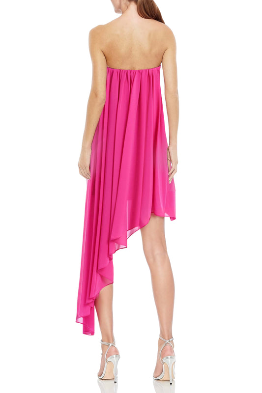 Fuschia Strapless Asymmetrical Chiffon Cocktail Dress Draped Overlay One 33 Social MC0090A