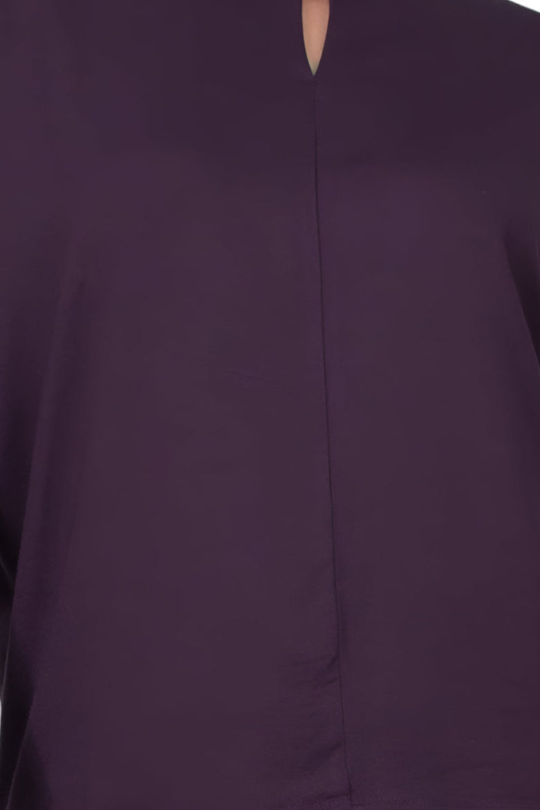 Catherine Malandrino High Neck Keyhole Front Long Sleeve Solid Knit Top - RICH EGGPLANT - Fabric