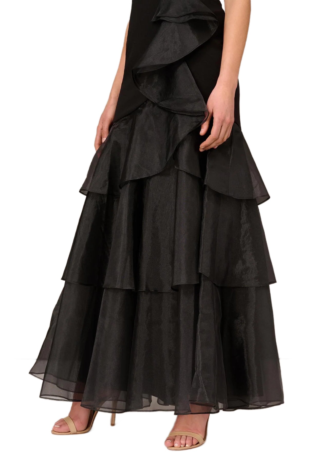 Aidan Mattox Tiered Halter Trumpet Ruffled Long Dress - BLACK - RUFFLED VIEW