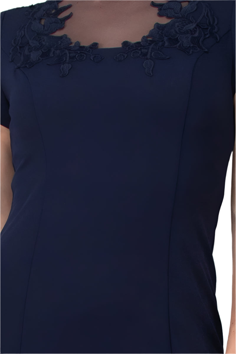 Aidan Mattox Illusion Embellished Crew Neck Short Sleeve Trumpet Keyhole Back Concealed Zipper Back Crepe Gown -  NAVY - FABRIC