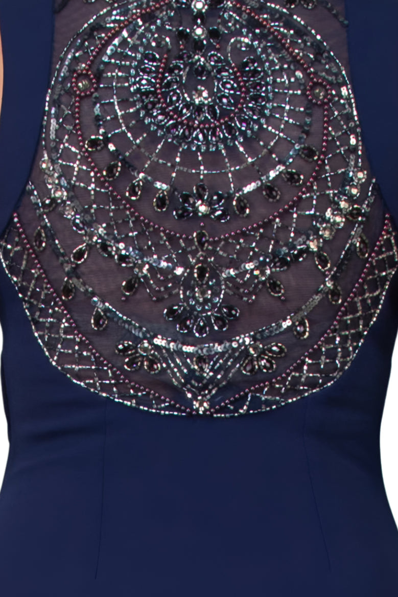 Aidan Mattox Keyhole Neck Sleeveless Beaded Sequin Rhinestone Back Keyhole Front Zipper Side Stretch Crepe Dress - NAVY - Fabric