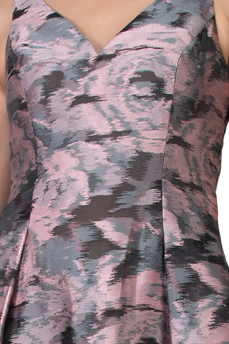 Aidan Mattox V-Neck Sleeveless Box Pleat Zipper Back Embroidered Jacquard Gown - PINK GREEN MULTI - Fabric