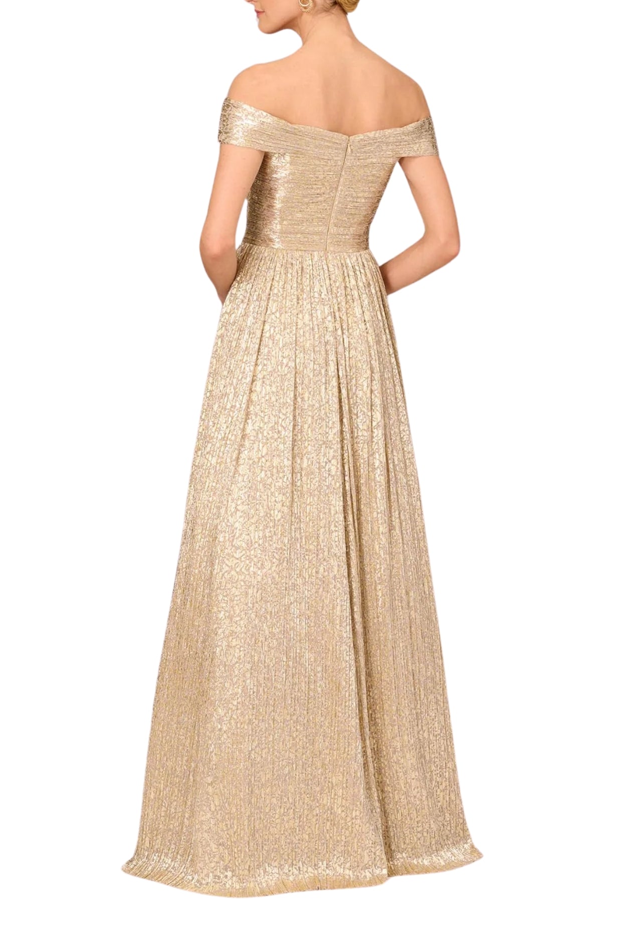 Aidan Mattox Off The Shoulder Foiled Metallic Pleated Mesh Long A-Line Ball Gown Dress - GOLD - back