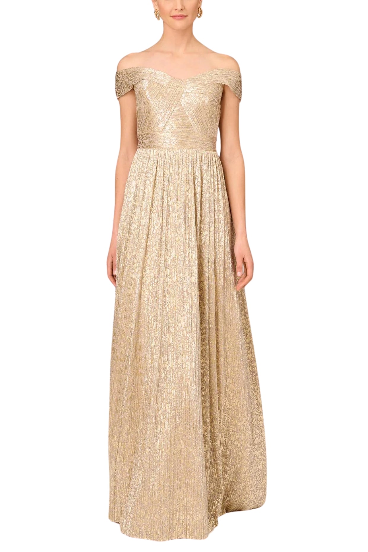 Aidan Mattox Off The Shoulder Foiled Metallic Pleated Mesh Long A-Line Ball Gown Dress - GOLD - front