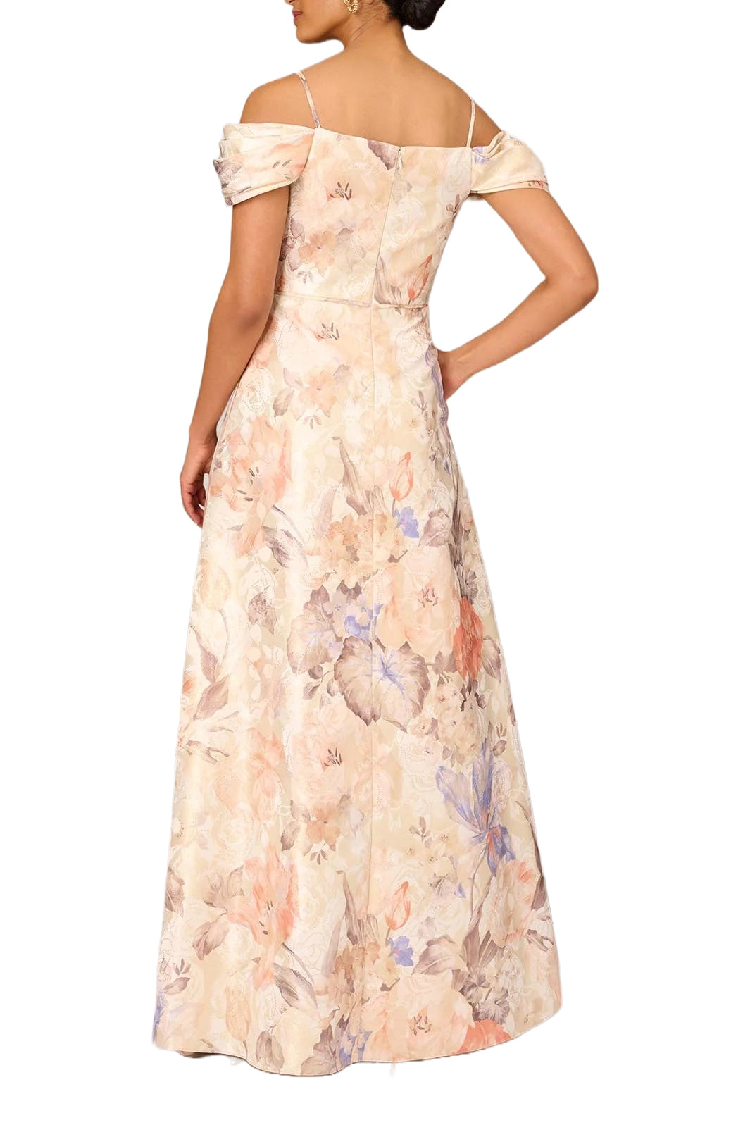 Aidan Mattox Off The Shoulder Zipper Back Printed Metallic Jacquard Gown - Wholesale - BRONZE MULTI - Back