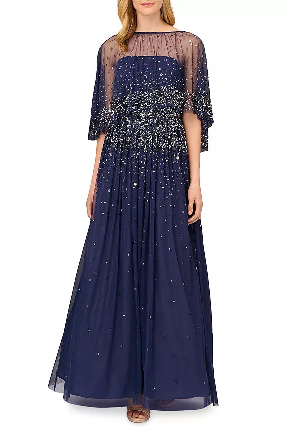 Aidan Mattox Beaded Strapless Ball Gown with Removeable Beaded Cape - Wholesale - NAVY - Front