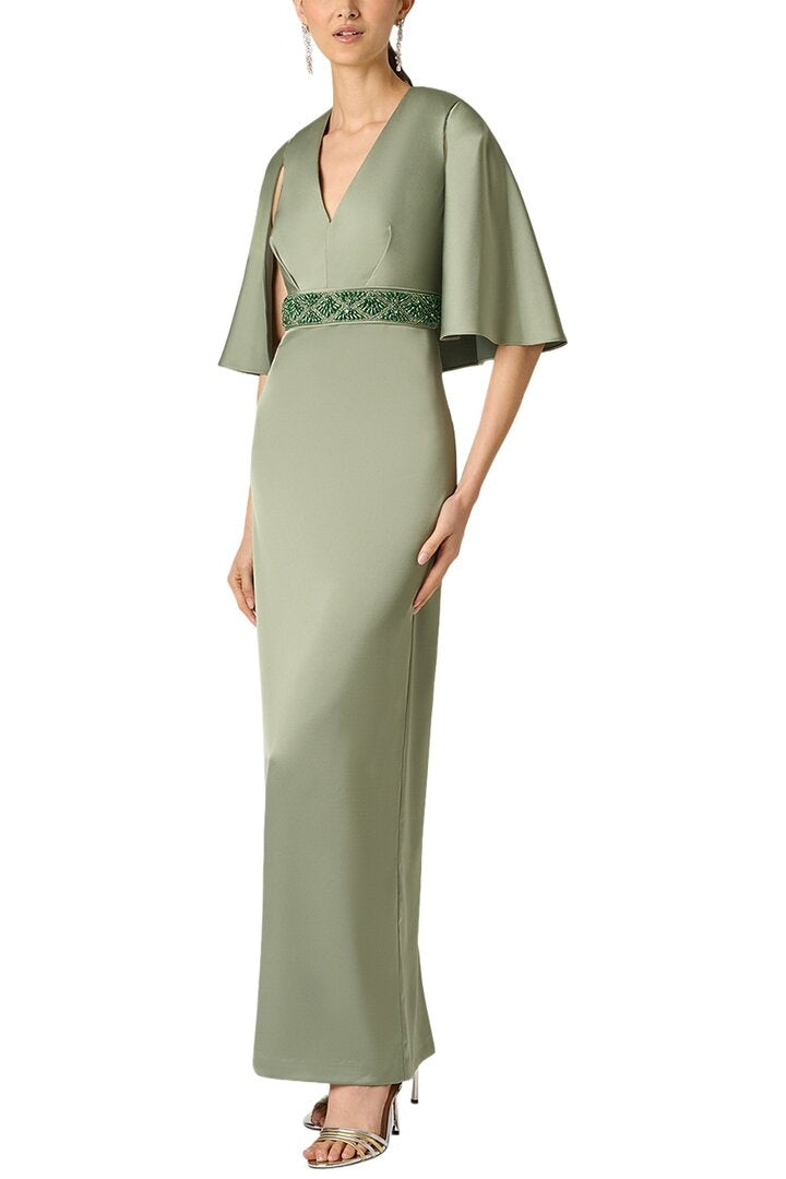 Aidan Mattox Beaded Waist Cape Sleeve Satin Gown MD1E209903 Wholesale