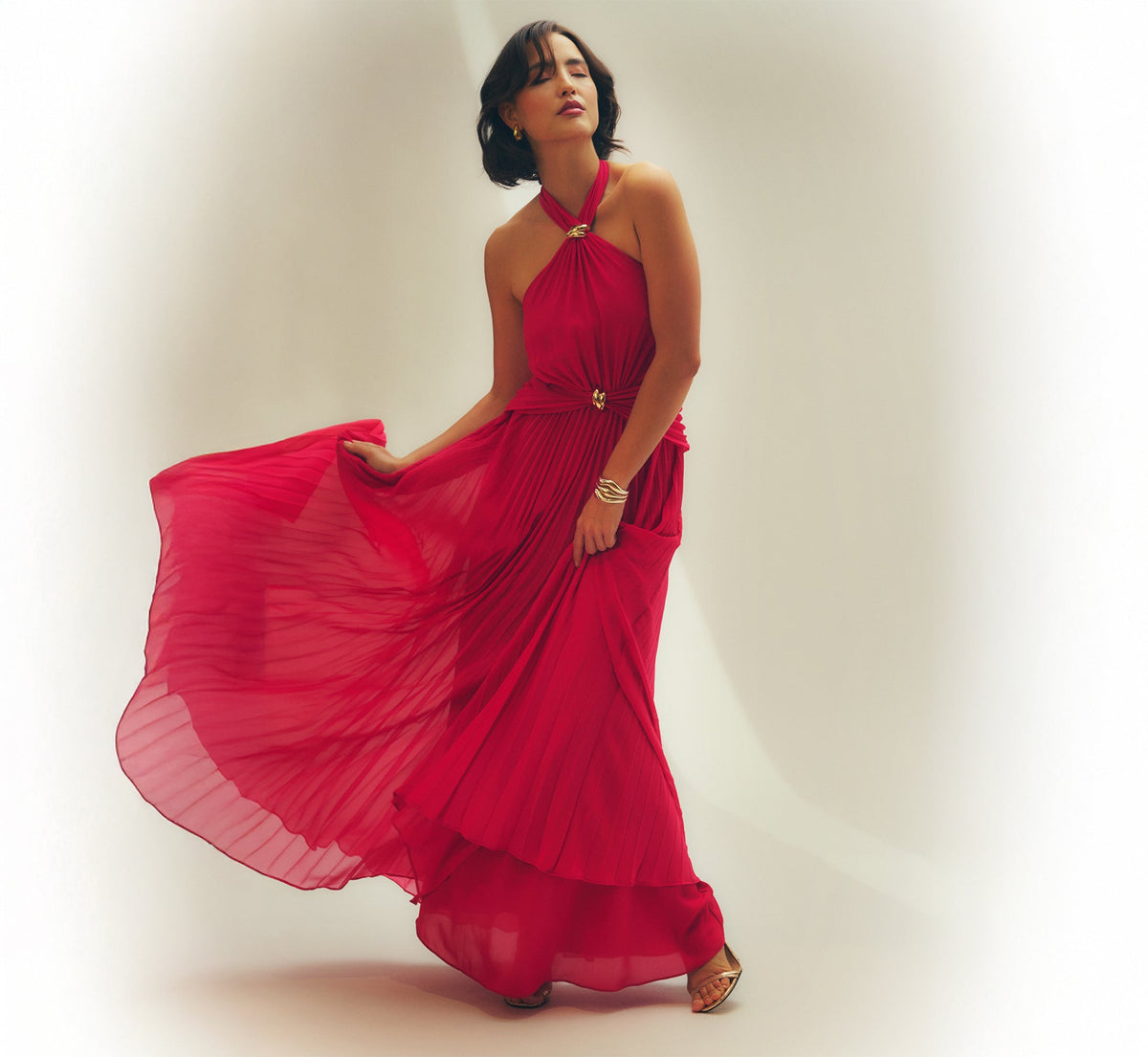 Pleated Chiffon Hardware Halter Gown Adrianna Papell MD1E209978