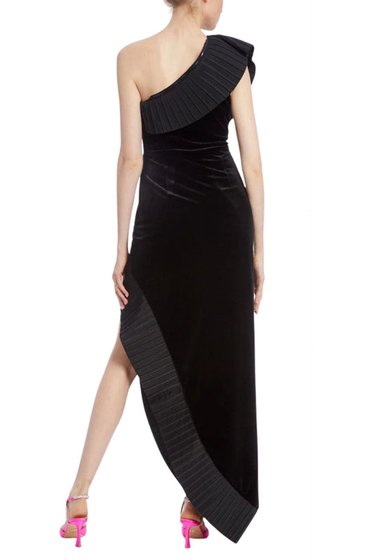 Black One Shoulder Floor-Length Velvet Cocktail Dress Pleated Ruffle and Asymmetrical Hem One 33 Social MK4459V