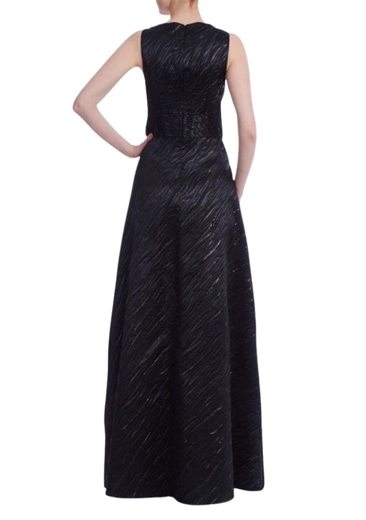 Black Deep Plunge V-Neck Floor-Length Metallic A-Line Gown One 33 Social MK5005