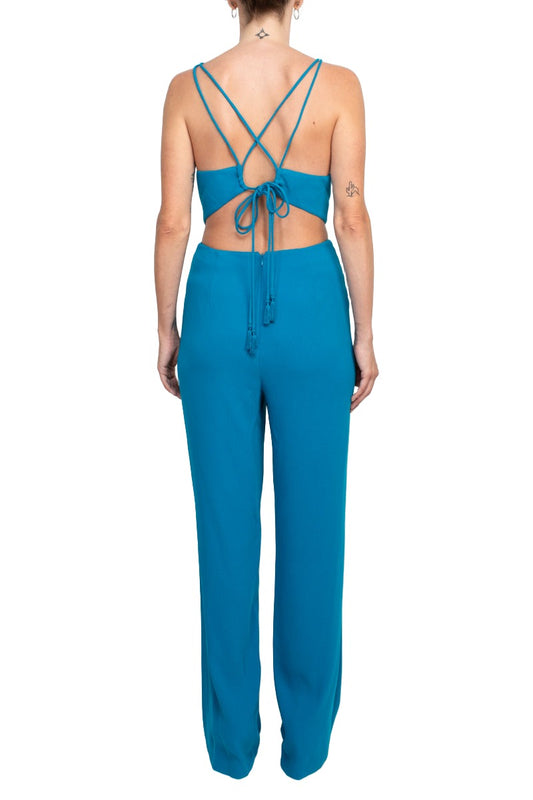 Peacock Halter Full-Length Crepe Formal Jumpsuit with Side Cutouts and Lace-Up Back Aidan Mattox MN1E204053