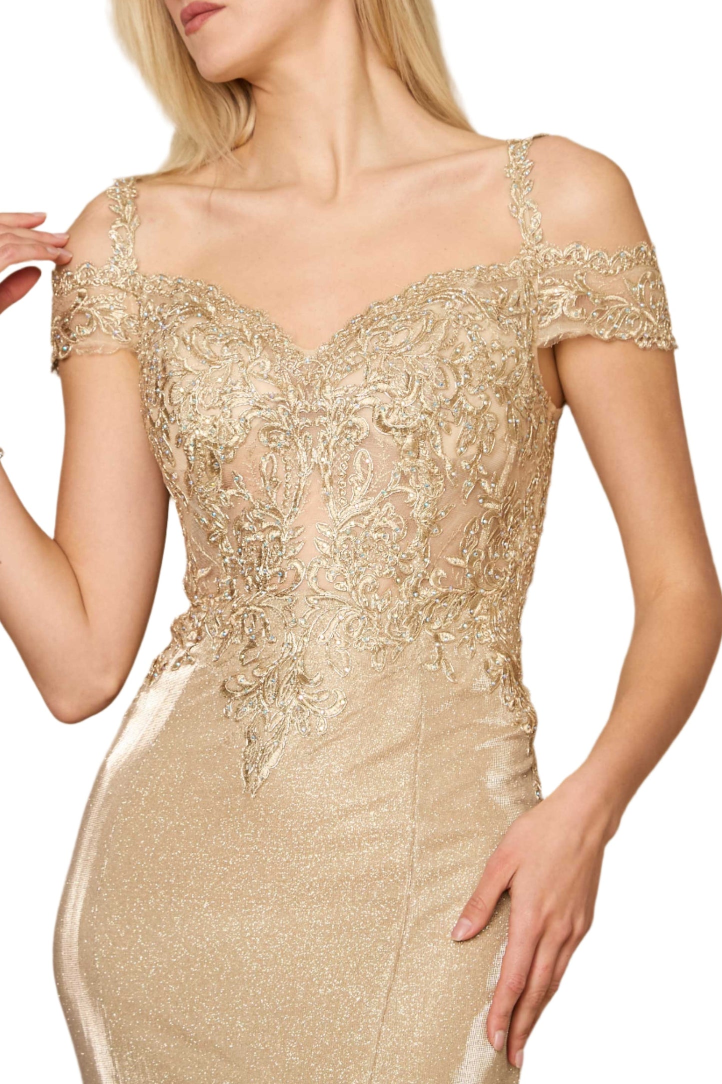 Dylan and Davids Full-Length Off Shoulder Lace Formal Gown Evening Dress - GOLD - Fabric