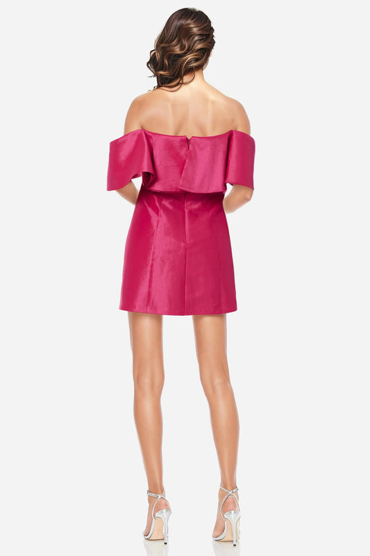 Hot Pink Off-Shoulder Mini Satin Cocktail Dress Ruffle Detail One 33 Social MC0113A