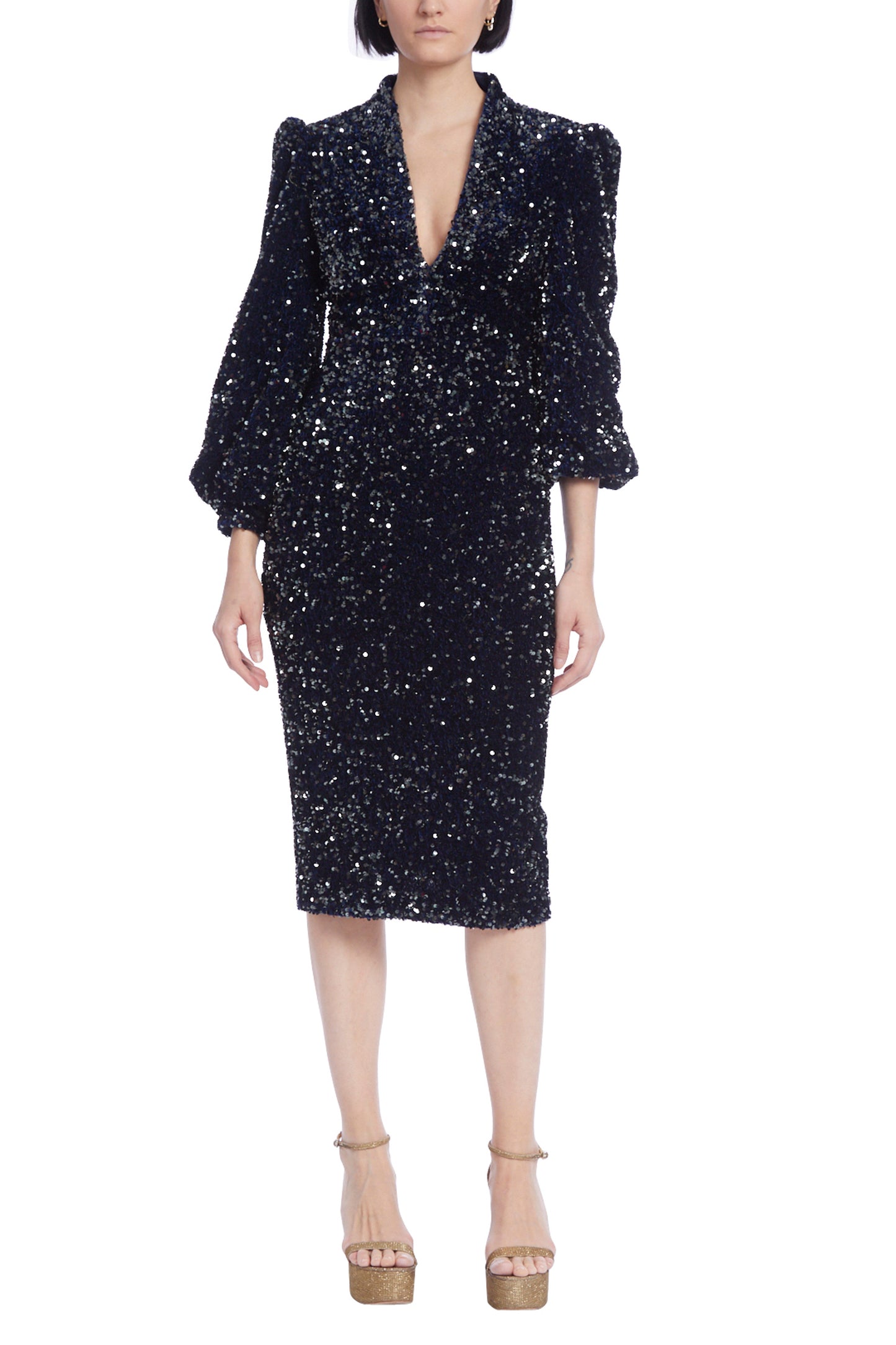 Badgley Mischka Long-Sleeved Sequins Velvet Coat Dress - BLUE MULTI - Front