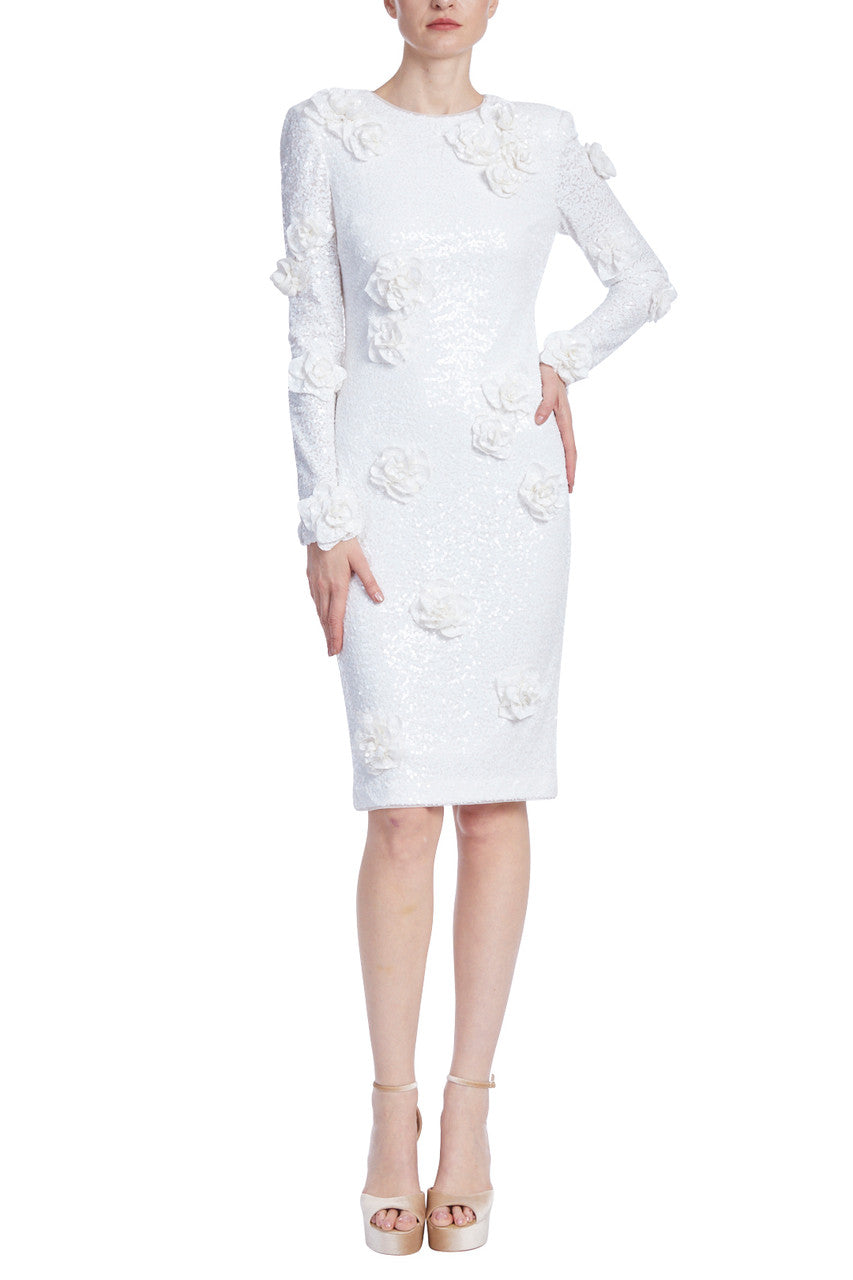 Badgley Mischka Scattered Rosettes Sequin Dress -WHITE - FRONT