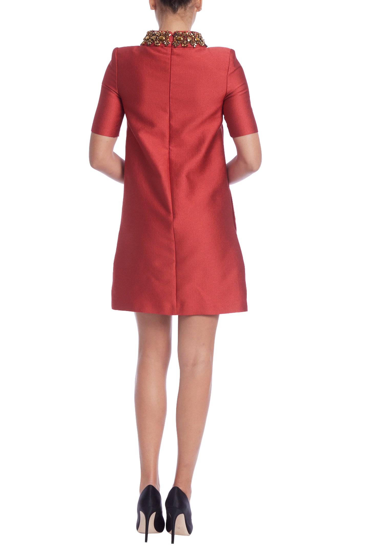 Badgley Mischka High Embellished Beaded Neckline Short Sleeves Above the Knee Shift Silhouette Dress - RED_back