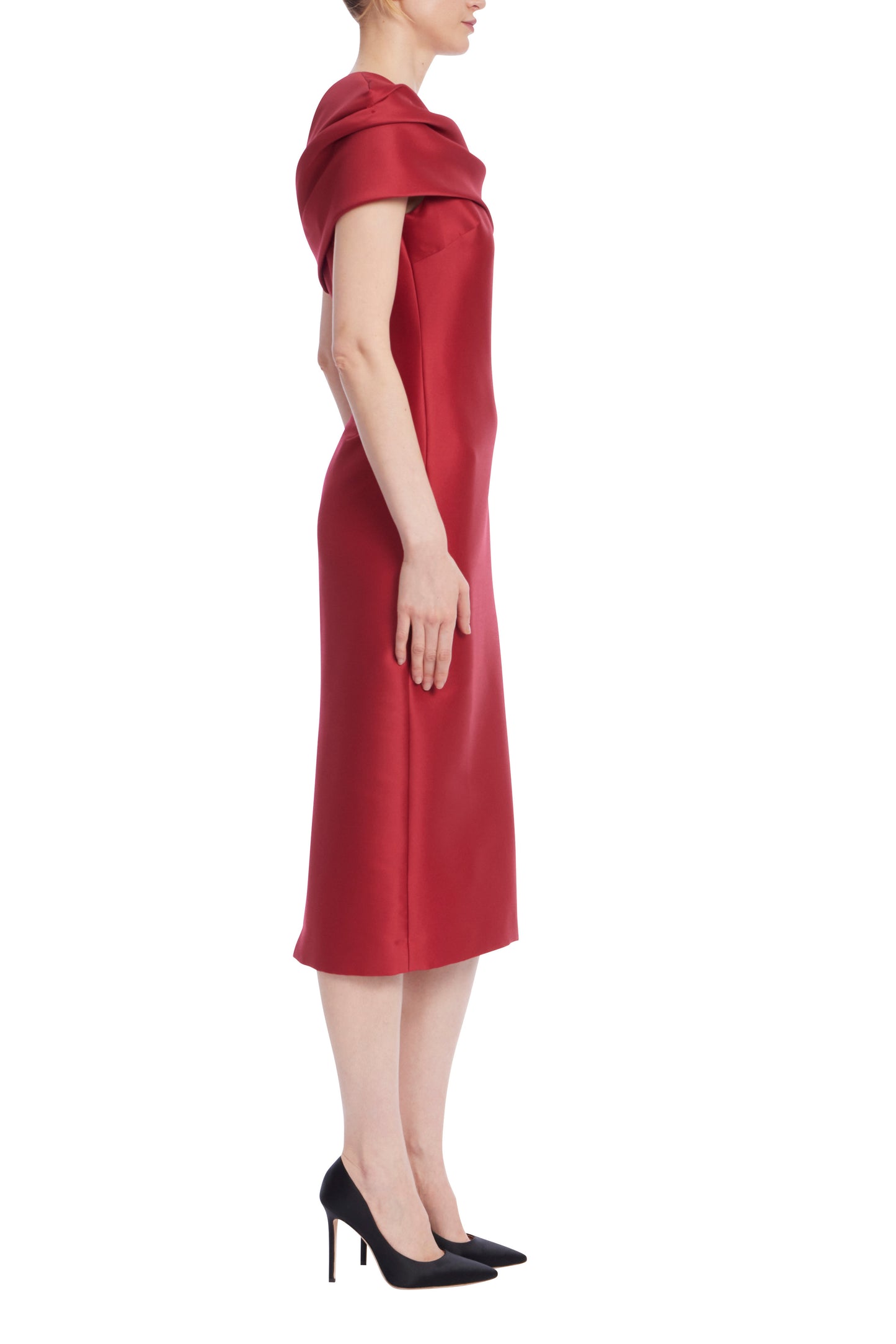 Badgley Mischka Asymmetrical Neckline Drapes Over Folded One Shoulder Fitted Midi Dress