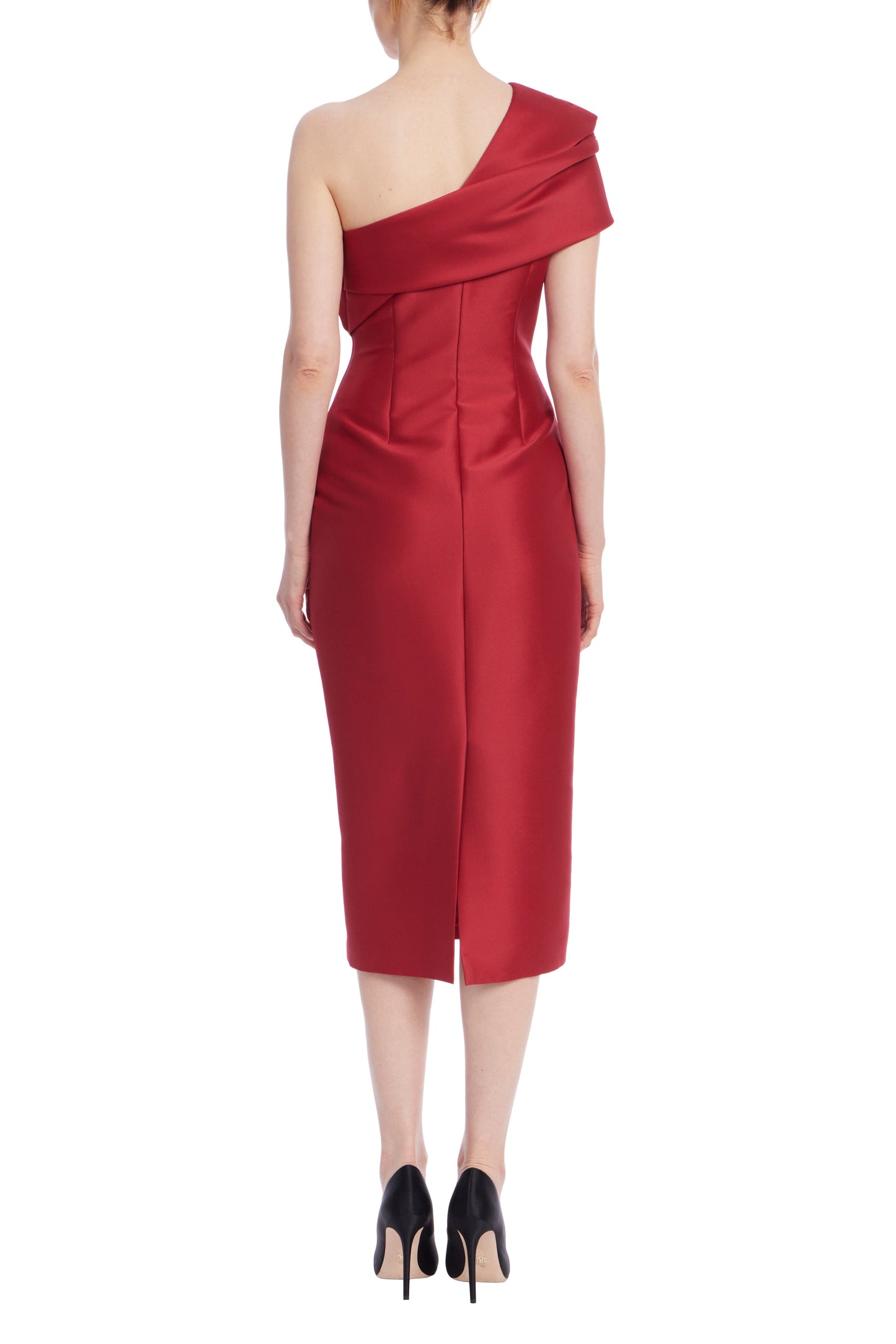 Badgley Mischka Asymmetrical Neckline Drapes Over Folded One Shoulder Fitted Midi Dress - RED  - Back