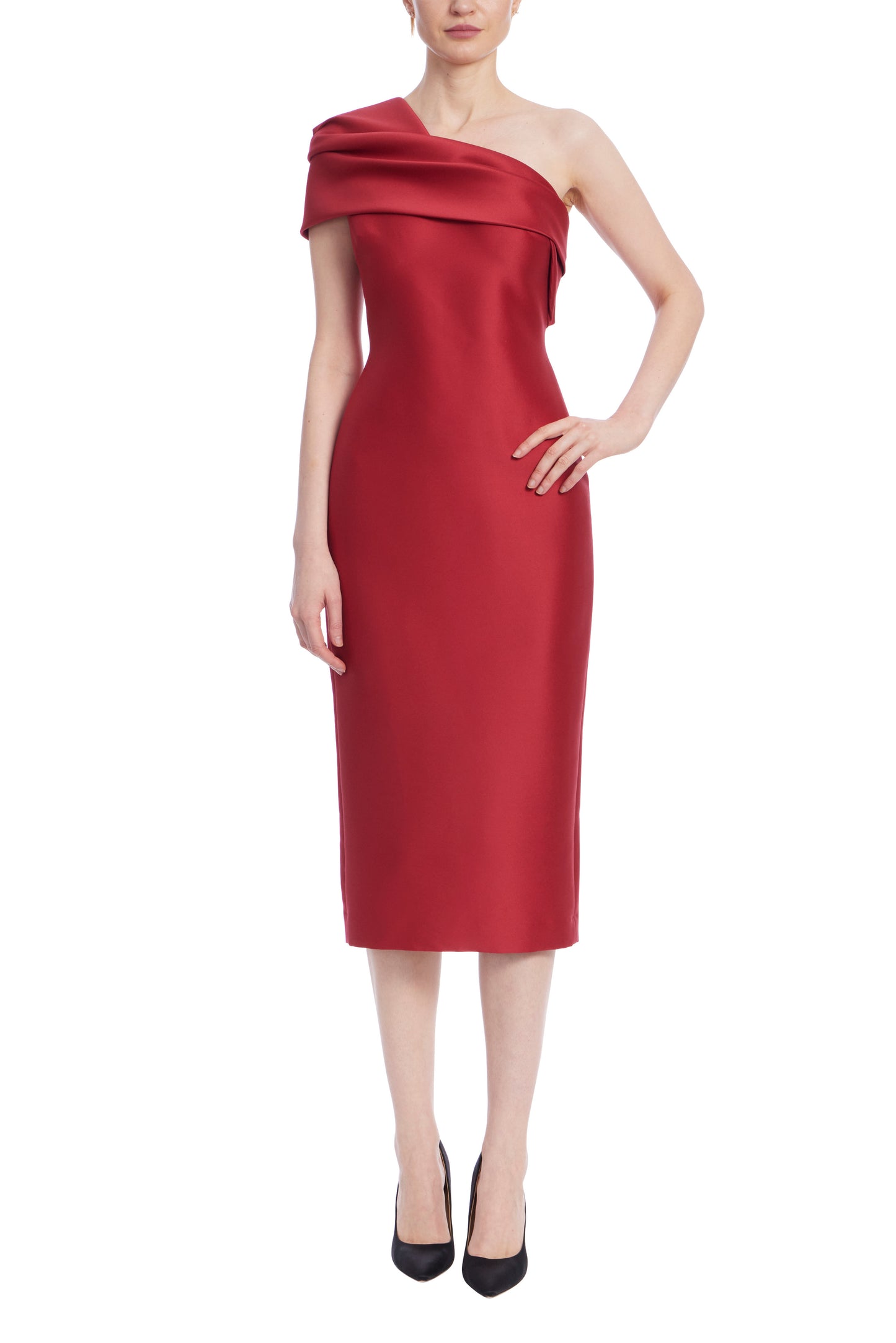 Badgley Mischka Asymmetrical Neckline Drapes Over Folded One Shoulder Fitted Midi Dress - RED  - Front