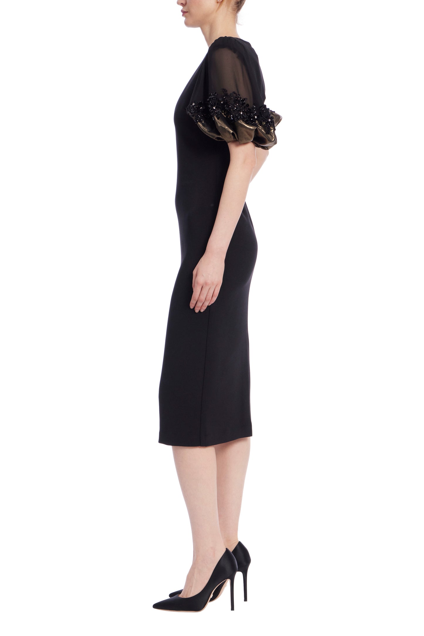 Badgley Mischka Foiled Georgette Short Sleeves Tailored Midi Sheath Silhouette Dress