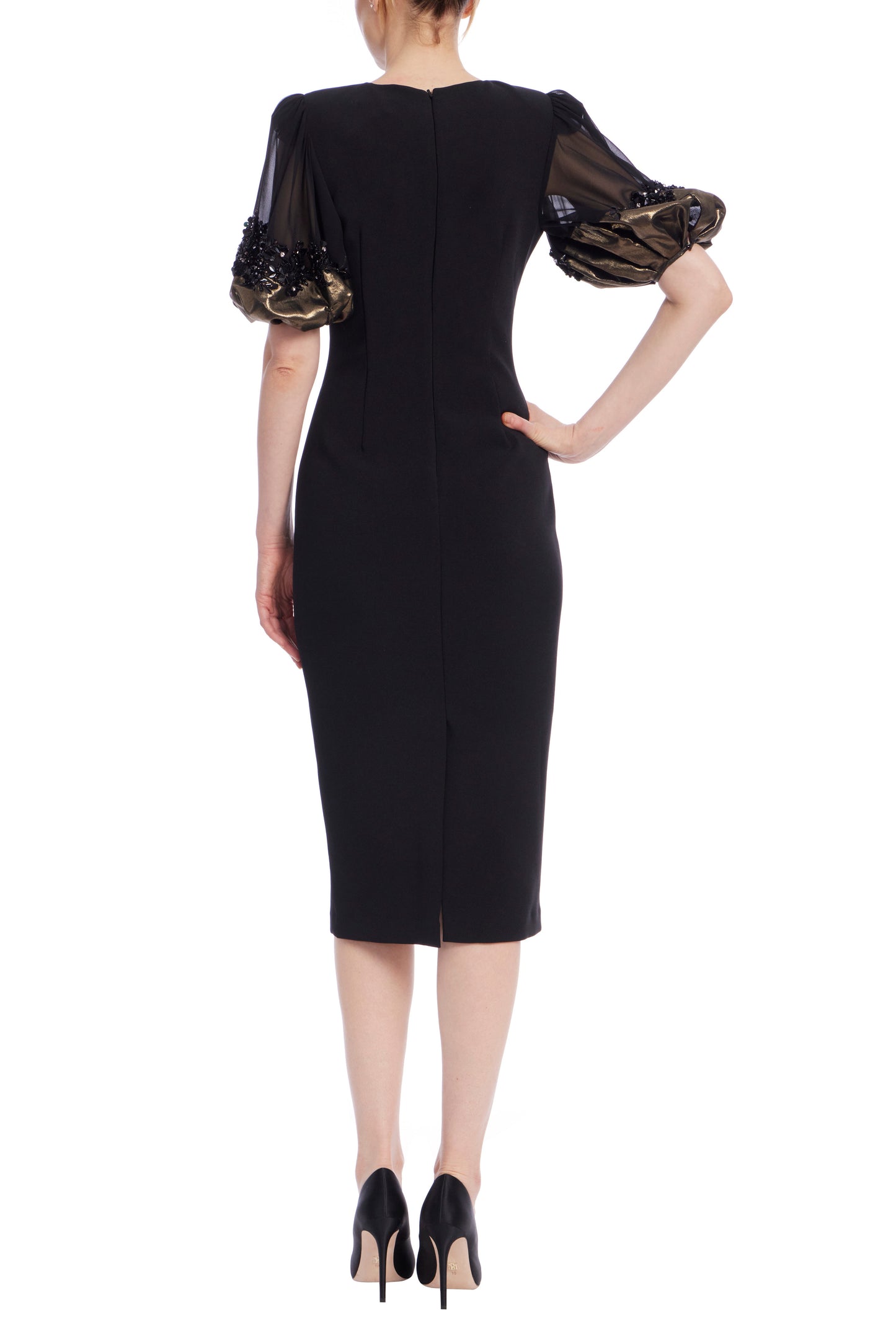 Badgley Mischka Foiled Georgette Short Sleeves Tailored Midi Sheath Silhouette Dress - BLACK GOLD - back