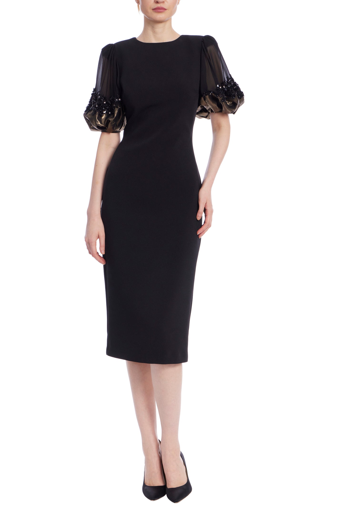 Badgley Mischka Foiled Georgette Short Sleeves Tailored Midi Sheath Silhouette Dress - BLACK GOLD - front