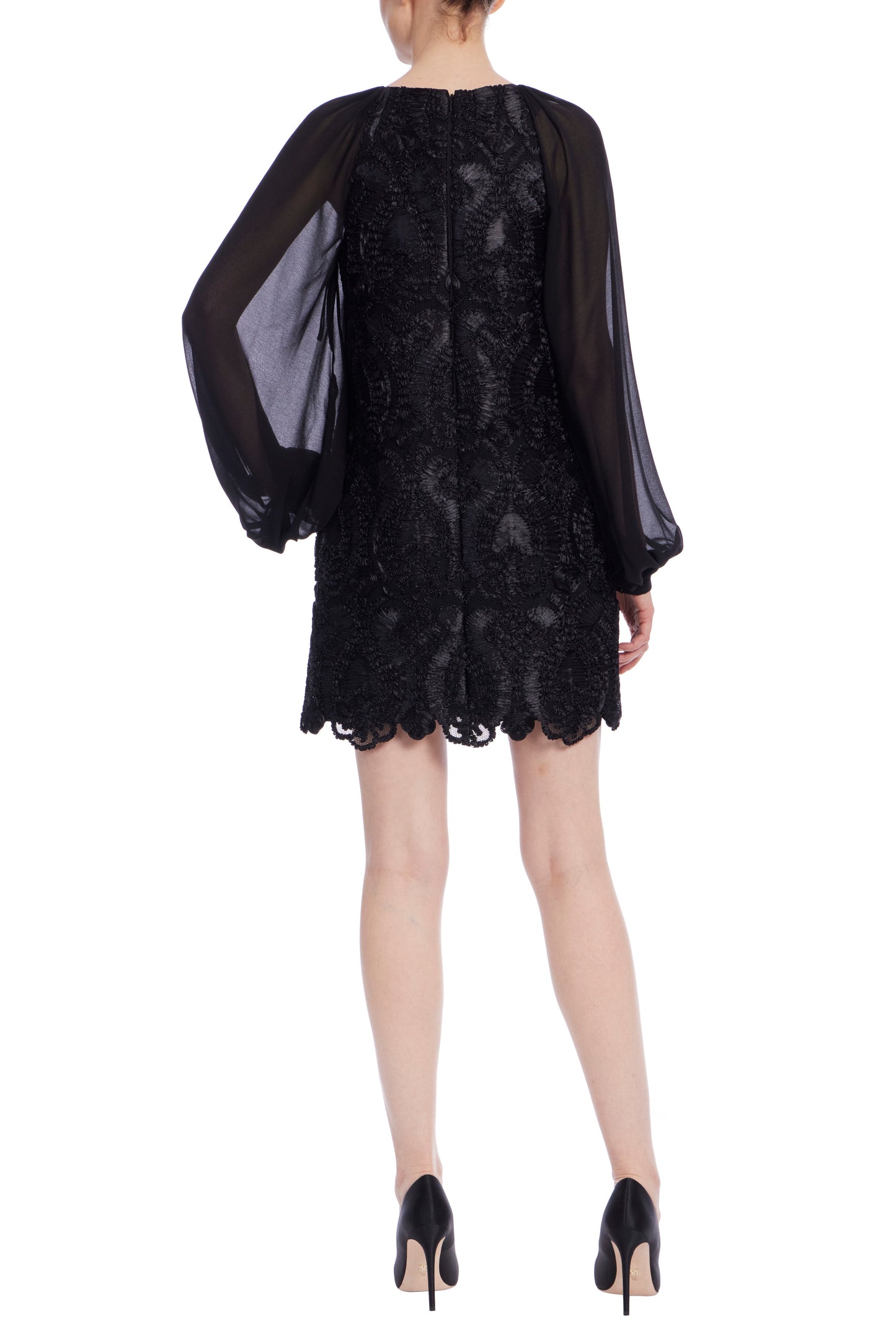 Badgley Mischka Sheer Georgette Sleeves Ribbon Detailing Mini Sheath Silhouette Dress - BLACK - back