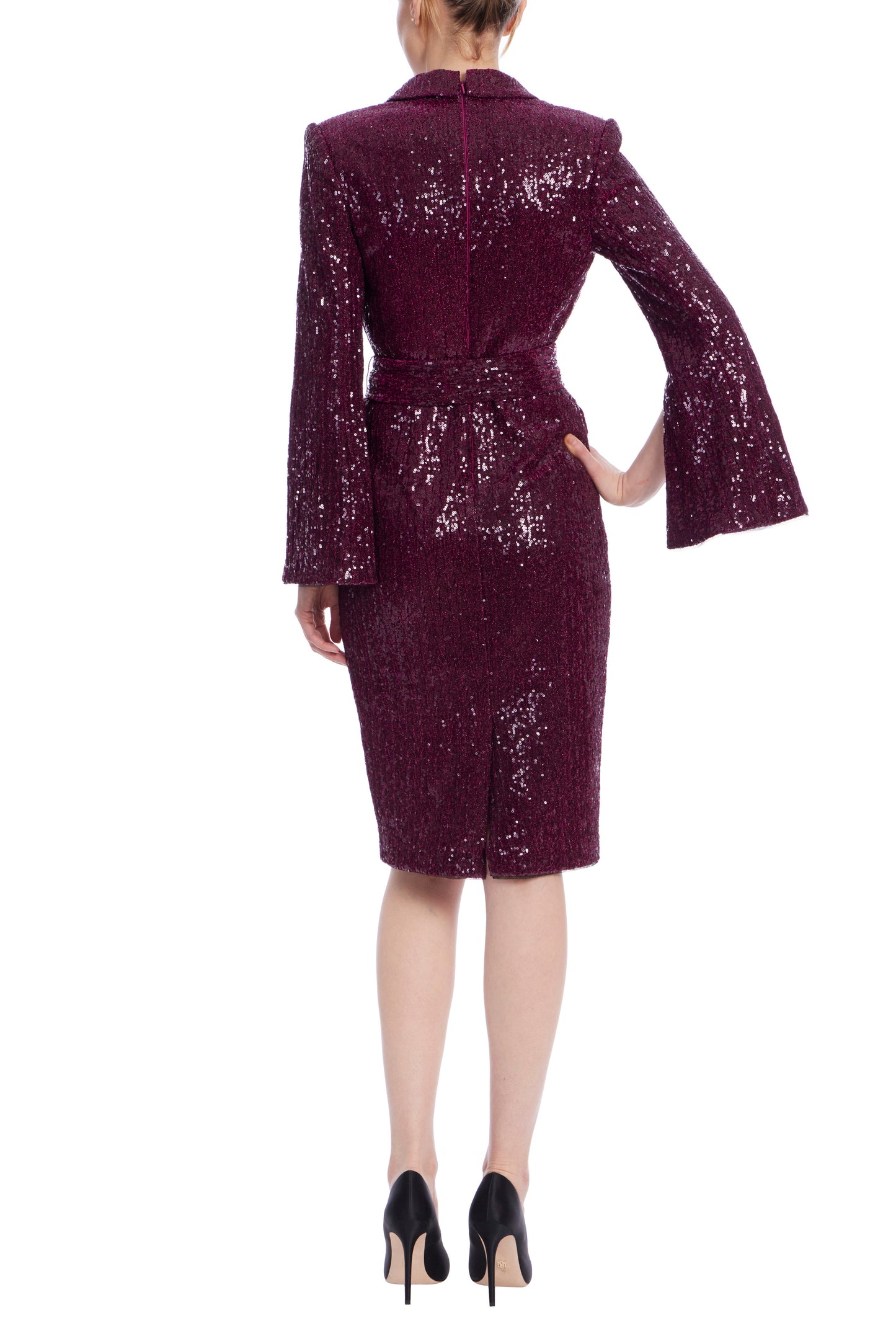 Badgley Mischka Wine Sequin Wrap Over Silhouette Slitted Sleeves Cinched Waist Tie Coat Blazer Dress - WINE - back