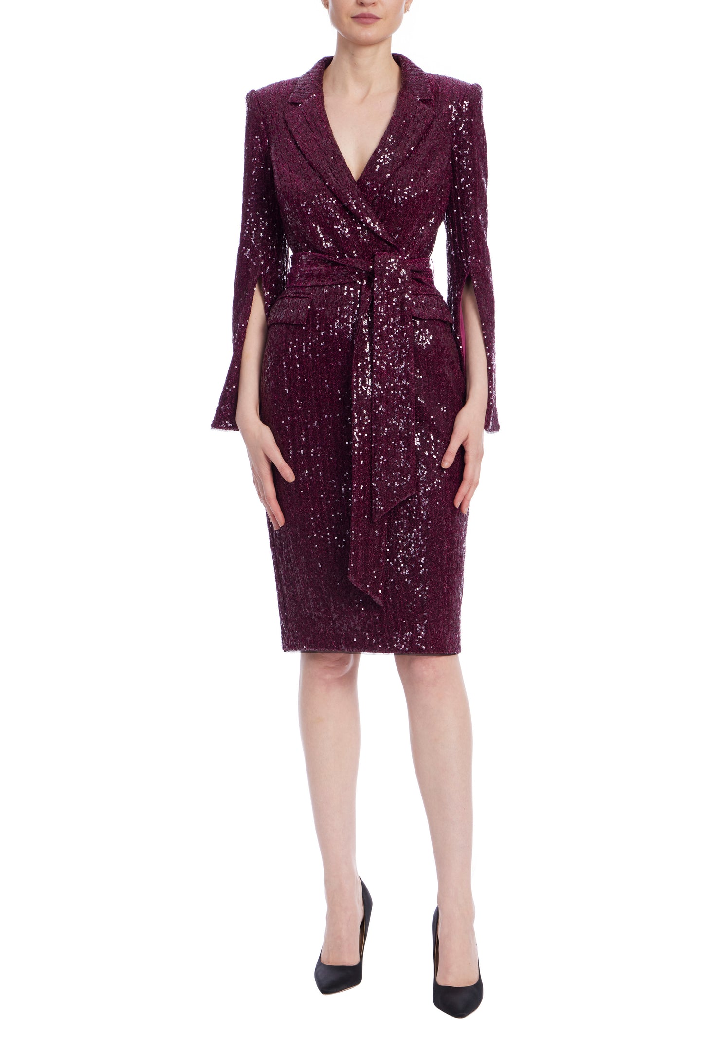 Badgley Mischka Wine Sequin Wrap Over Silhouette Slitted Sleeves Cinched Waist Tie Coat Blazer Dress - WINE - front
