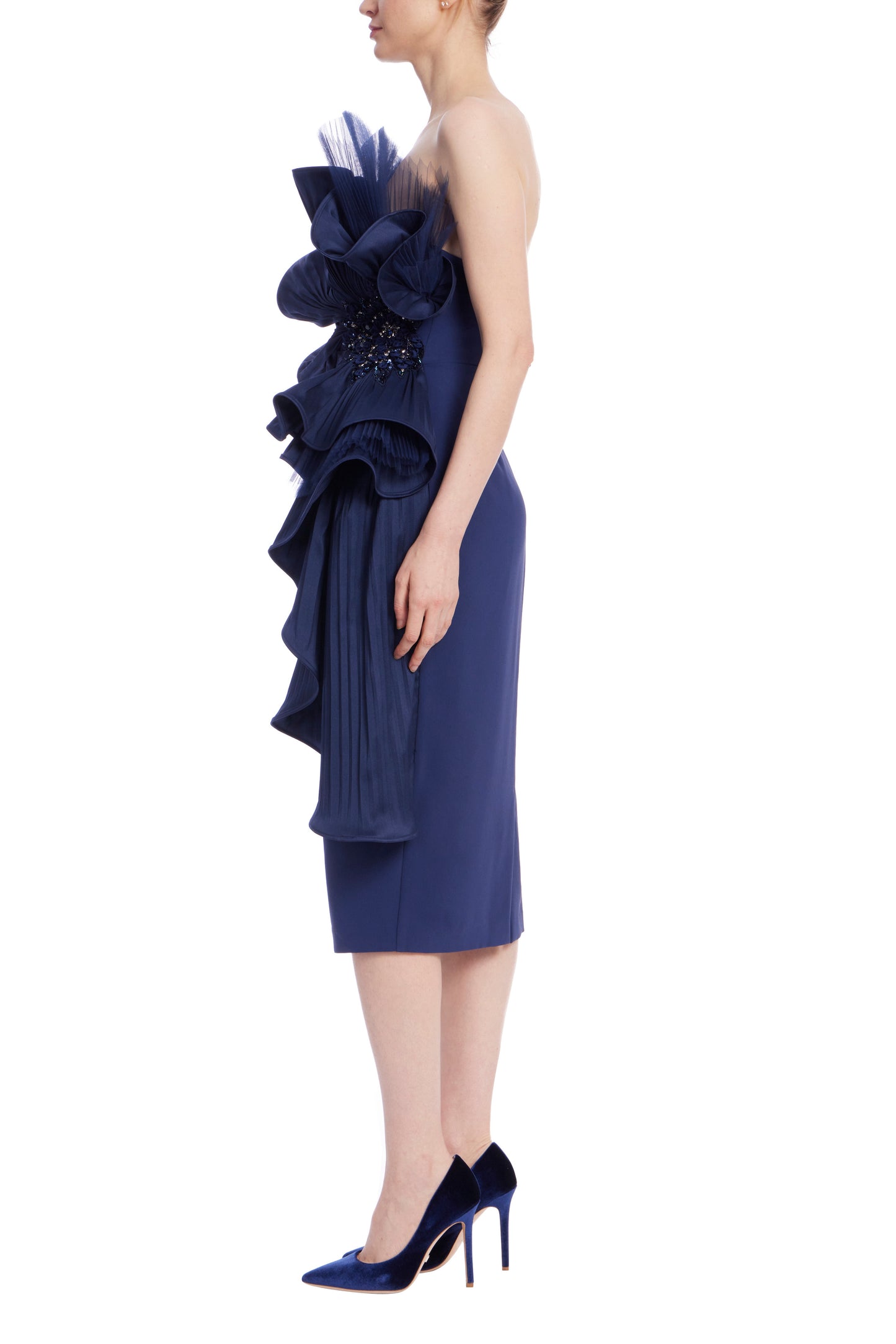 Badgley Mischka Pleated Pinwheel Ruffle Drape Sleeveless Midi Dress - NAVY - Side