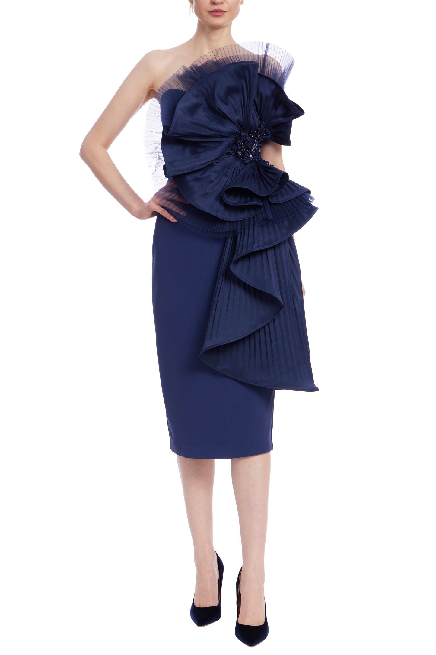 Badgley Mischka Pleated Pinwheel Ruffle Drape Sleeveless Midi Dress - NAVY - Front