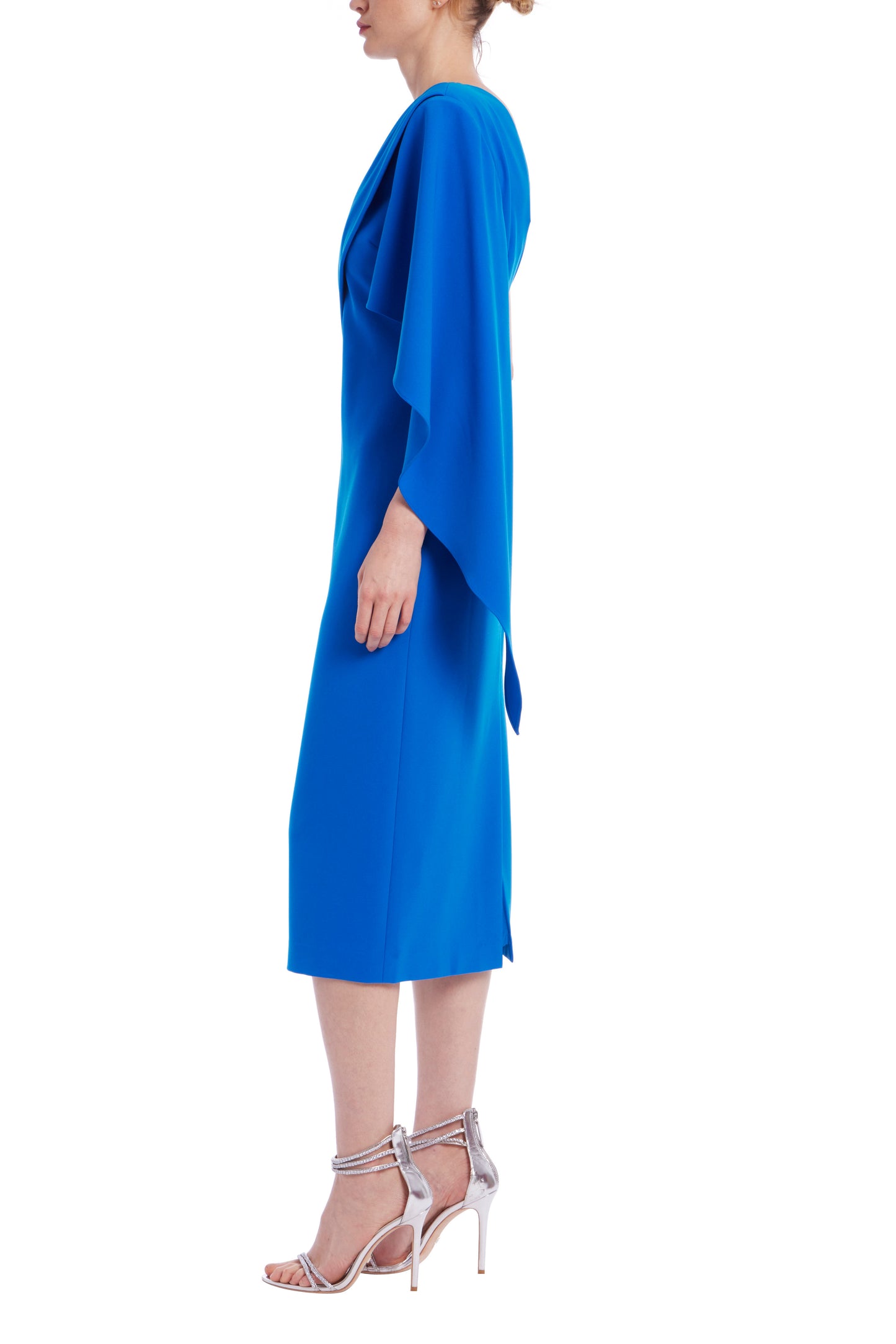 Badgley Mischka Asymmetrical Pleats One-Shoulder Quarter Length Sleeves Draped Sheath Midi Dress