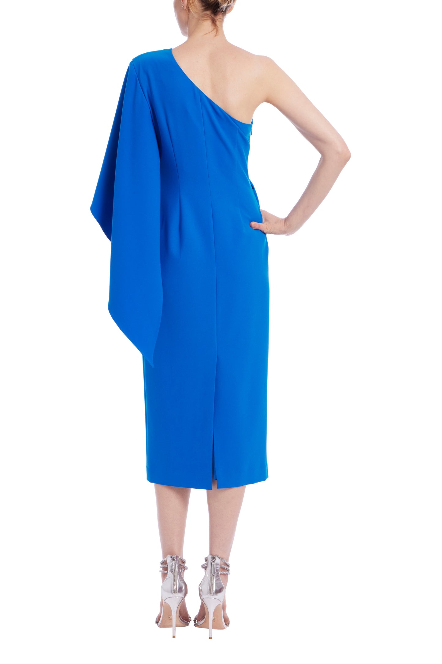 Badgley Mischka Asymmetrical Pleats One-Shoulder Quarter Length Sleeves Draped Sheath Midi Dress - COBALT - Back