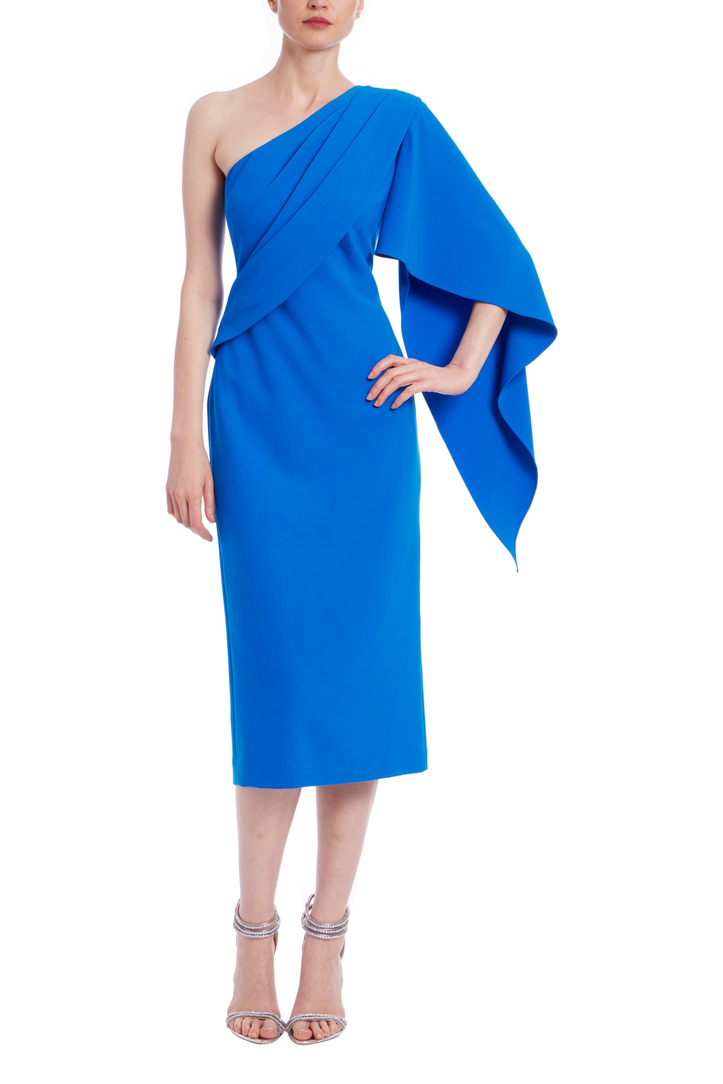 Badgley Mischka Asymmetrical Pleats One-Shoulder Quarter Length Sleeves Draped Sheath Midi Dress - COBALT - Front