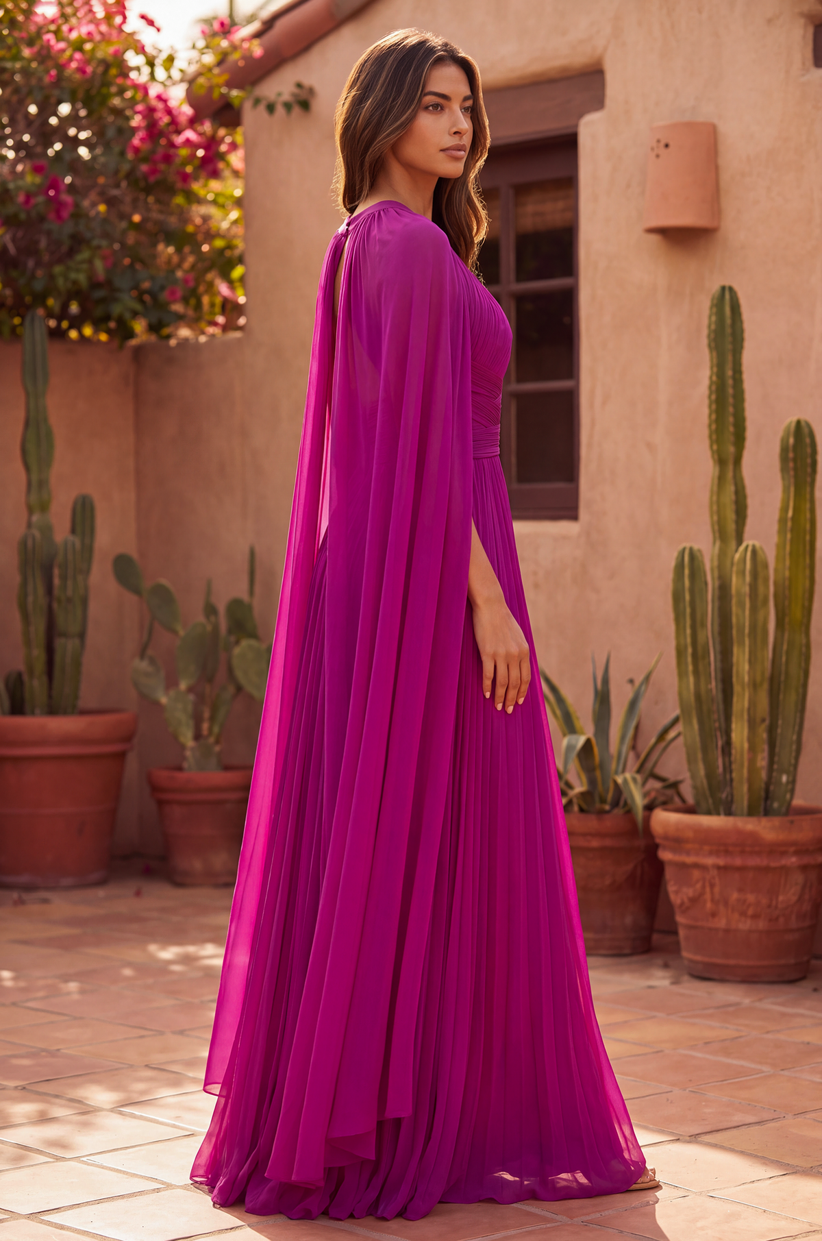 Pleated A Line Long Formal High Neck Cape Sleeve Dress Magenta side